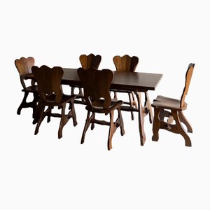 Brutalist Oak Dining Table & Chairs, the Netherlands, 1970s, Set of 7