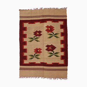 Vintage Greek Wool Organic Rose Rug, 1960s