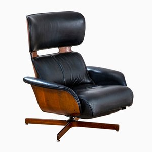 Reclining Armchair with Footrest in Curved Wood & Leather by George Mulhauser for Plycraft, 1950s