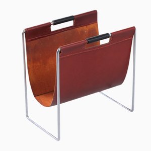 Chrome & Maroon Brown Leather Magazine Rack from Brabantia, 1960s
