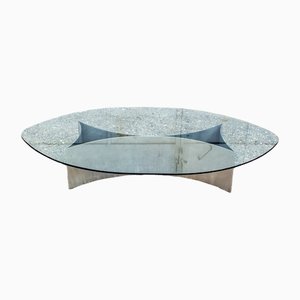 Italian Brutalist Coffee Table with Steel Base and Glass Top, 1970s