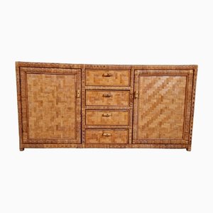 Rattan Parquet Style Credenza Sideboard, Italy, 1970s
