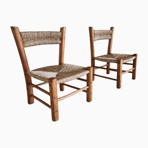 French Rustic Chairs in Elm Wood & Straw by Charlotte Perriand, 1960s, Set of 2