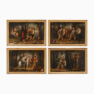 Pinturas al óleo sobre lienzo, finales del siglo XVIII, escenas de Orlando Furioso, Juego de 4