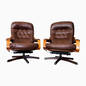 Vintage Scandinavian Brown Leather Reclining Lounge Chairs, Set of 2