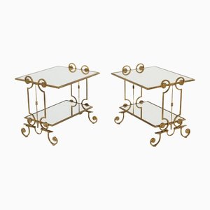 French Gilt Wrought Iron Mirror Two-Tier End Tables, 1950s, Set of 2