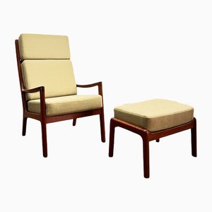 Mid-Century Danish Senator Lounge Chair and Stool by Ole Wanscher for Poul Jeppensens, 1960s, Set of 2