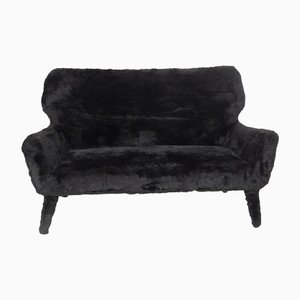 Vintage Sofa aus schwarzem Kunstfell, 1950er