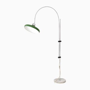 Italian Arched Floor Lamp in Chromed Steel with Green Shade and Marble Base, 1970s