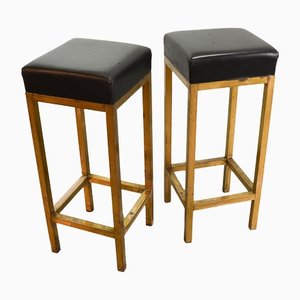 Tabourets de Bar Carrés en Cuir Noir, 1960s, Set de 2