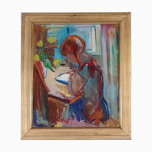 Arne A. Hansen, Young Girl in Her Study, anni '60, olio su tela, con cornice