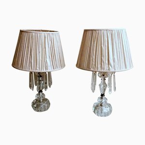 English Louis XVI style Crystal Table Lamps with Shantung Silk Shade, 1950s, Set of 2