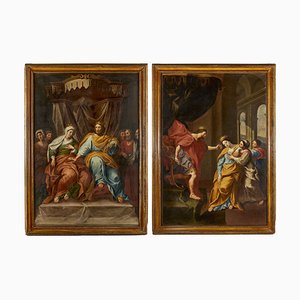 Escenas con Esther y Asuero, década de 1800, óleo sobre lienzo, enmarcado. Juego de 2