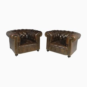 Brown Leather Chesterfield Club Chairs, 1960s, Set of 2