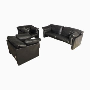 Moroso Sofa & Armchairs in Black Leather, 1984, Set of 3