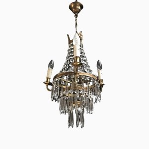 Small Vintage Crystal & Brass Cascade Chandelier, 1950s