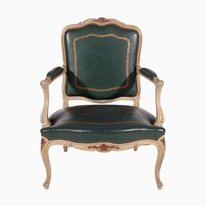 Fauteuil Louis XV en Cuir Vert, France, 1900s