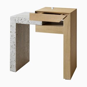 Yume Bedside Table in Oak and Travertine Stone from Joyful Homes