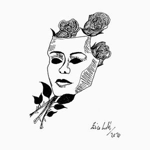 Enrico Josef Cucchi, Mask with Flowers, Original China Ink Drawing, 2020