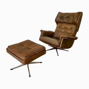Vintage Leather Lounge Chair & Footstool from Sigurd Resell, 1970s, Set of 2