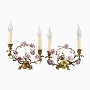 French Rococo Gilt Bronze and Porcelain Flowers Table Lamps, 1950s, Set of 2