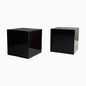 Dark Brown Lacquered Wood Cube-Shaped Bedside Tables, 1990s, Set of 2