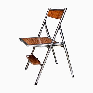 Modern Italian Wood Effect Laminate and Steel Chair Convertible Into Ladder, 1970s