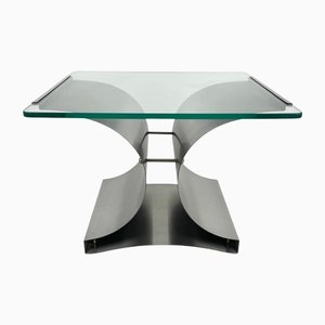 Square Coffee Table in Steel & Glass attributed to Francois Monnet, France, 1970s