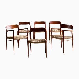 Teak & Papercord Model 56 & Model 75 Dining Chairs by Niels Moller, 1960, Set of 6