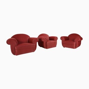 Art Deco Red Upholstery Armchairs, 1930, Set of 3