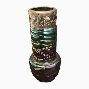 Art Nouveau Vase with Veined Threading and Brass Rim from Kralik, 1890s