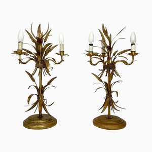 Lámparas de mesa gavilla de trigo doradas atribuidas a Hans Kögl, años 60. Juego de 2