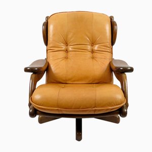 Brutalist Lounge Chair in Oak and Leather, 1970s