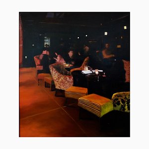 Wang Dianyu, restaurante de colores cálidos, 2019, óleo sobre lienzo