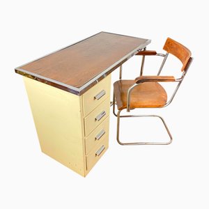 Bauhaus Metal & Wood Desk and Chair, 1920s, Set of 2