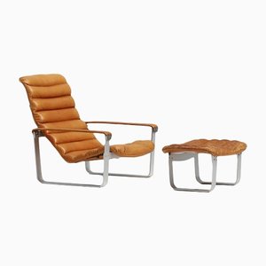 Leather Lounge Chair with Ottoman by Ilmari Lappalainen for Asko, 1960s, Set of 2