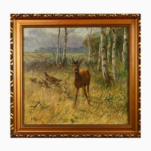 Emil Rieck, Roe Deer and Pheasants, 1890s, Oil on Canvas, Framed