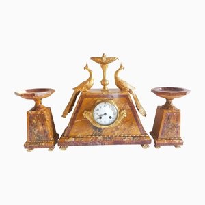 Reloj Art Déco y cajonera de bronce y mármol, 1925. Juego de 3