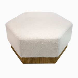 Hexagonal Pouf in Soft White Boucle on Wooden Base, Italy, 1989