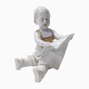 Vintage Ceramic and Gold Decorative Sculpture of Child Reading from Capodimonte, Italy, 1960s