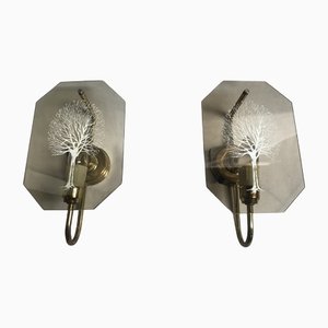Art Deco Style Brass and Glass Wall Lights, 1960s, Set of 2