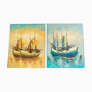 Boat on Water, 2000s, Acrylic on Canvas, Set of 3