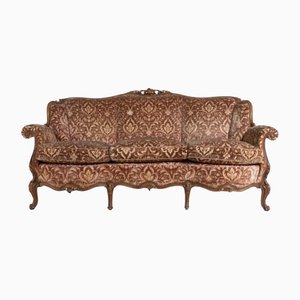Italian Modern Carved Walnut and Velvet Sofa, 1950s