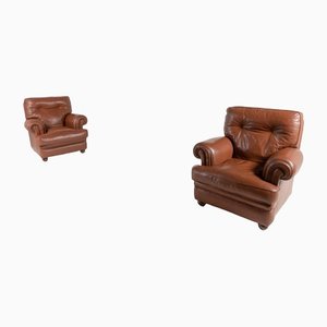 Set of Brown Leather Club Armchairs, Italy, 1970s