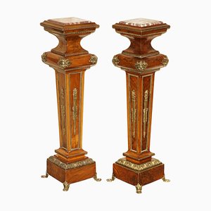 Pedestales antiguos de bronce dorado, madera nudosa y nogal con superficies de mármol. Juego de 2