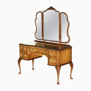 Antique Burr Walnut Dressing Table with Trifolding Mirrors, 1900s