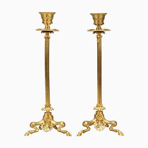 Candelabros franceses Imperio de bronce dorado con patas de fauno, década de 1890. Juego de 2
