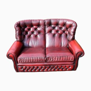 Red Leather Highback Chesterfield Settee, 1960s