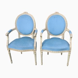 French Painted & Blue Upholstery Armchairs, Set of 2
