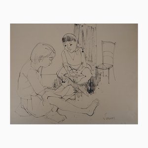 Jean Jansem, niños jugando, siglo XX, dibujo a tinta
